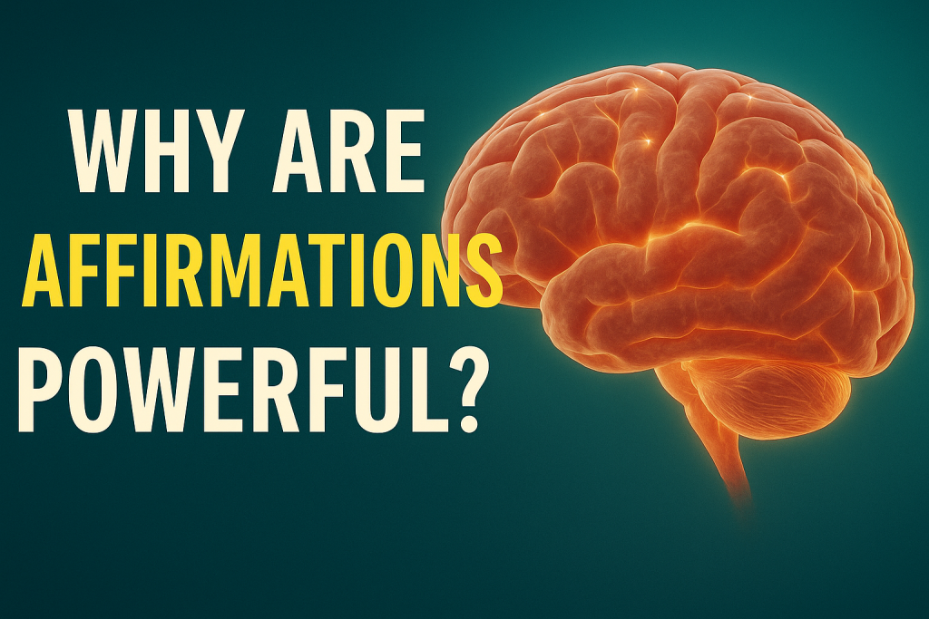 Digital graphic featuring the headline “Why Are Affirmations Powerful?” with a realistic glowing human brain on a dark background, symbolizing the neuroscience behind positive affirmations.