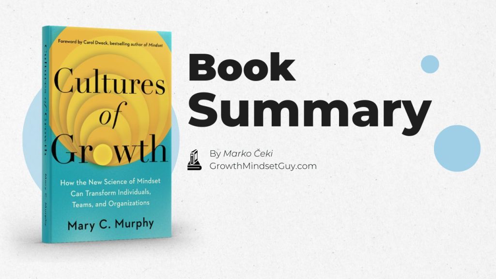 Featured image for the article “What Is the Summary of Cultures of Growth?” showing the book Cultures of Growth by Mary C. Murphy beside the text “Book Summary,” designed by Marko Čeki of GrowthMindsetGuy.com.