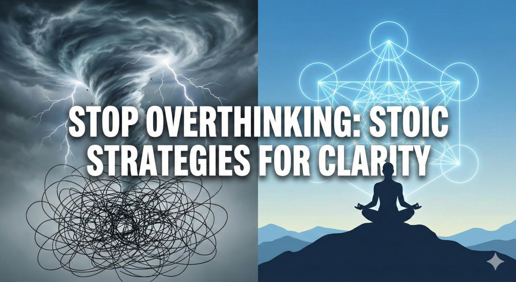 A split-screen graphic showing a chaotic, stormy mind on the left and a calm, structured mind in meditation on the right, titled Stop Overthinking: Stoic Strategies for Clarity.