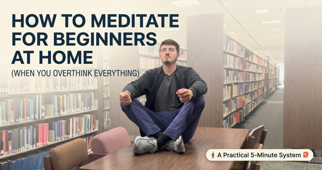 Marko Ceki sitting cross-legged on a table in a library aisle practicing a 5-minute meditation system for beginners.